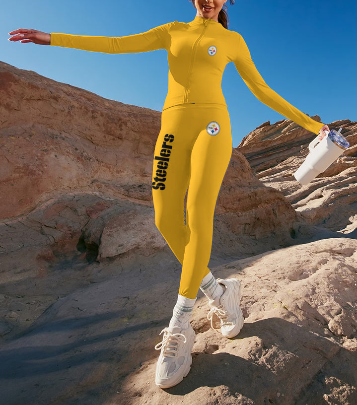 Pittsburgh Steelers 2 Piece Workout Sets :Sculpt High Waist Gym Leggings & long Sleeve Sports Top