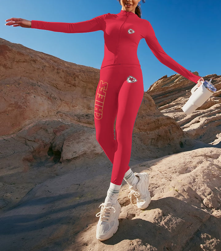 Kansas City Chiefs 2 Piece Workout Sets :Sculpt High Waist Gym Leggings & long Sleeve Sports Top