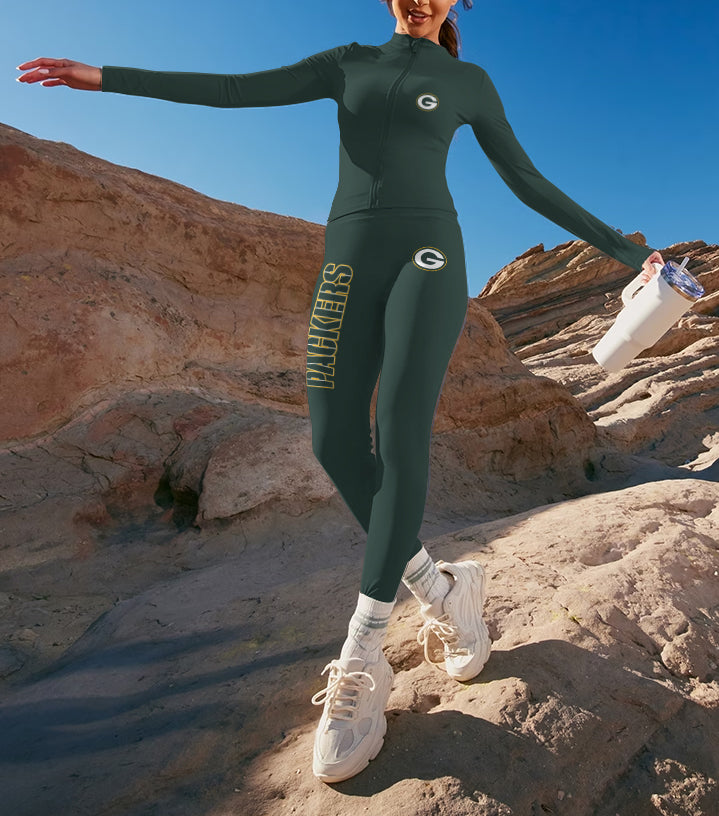 Green Bay Packers 2 Piece Workout Sets :Sculpt High Waist Gym Leggings & long Sleeve Sports Top