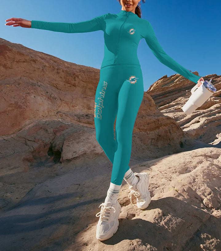 Miami Dolphins 2 Piece Workout Sets :Sculpt High Waist Gym Leggings & long Sleeve Sports Top