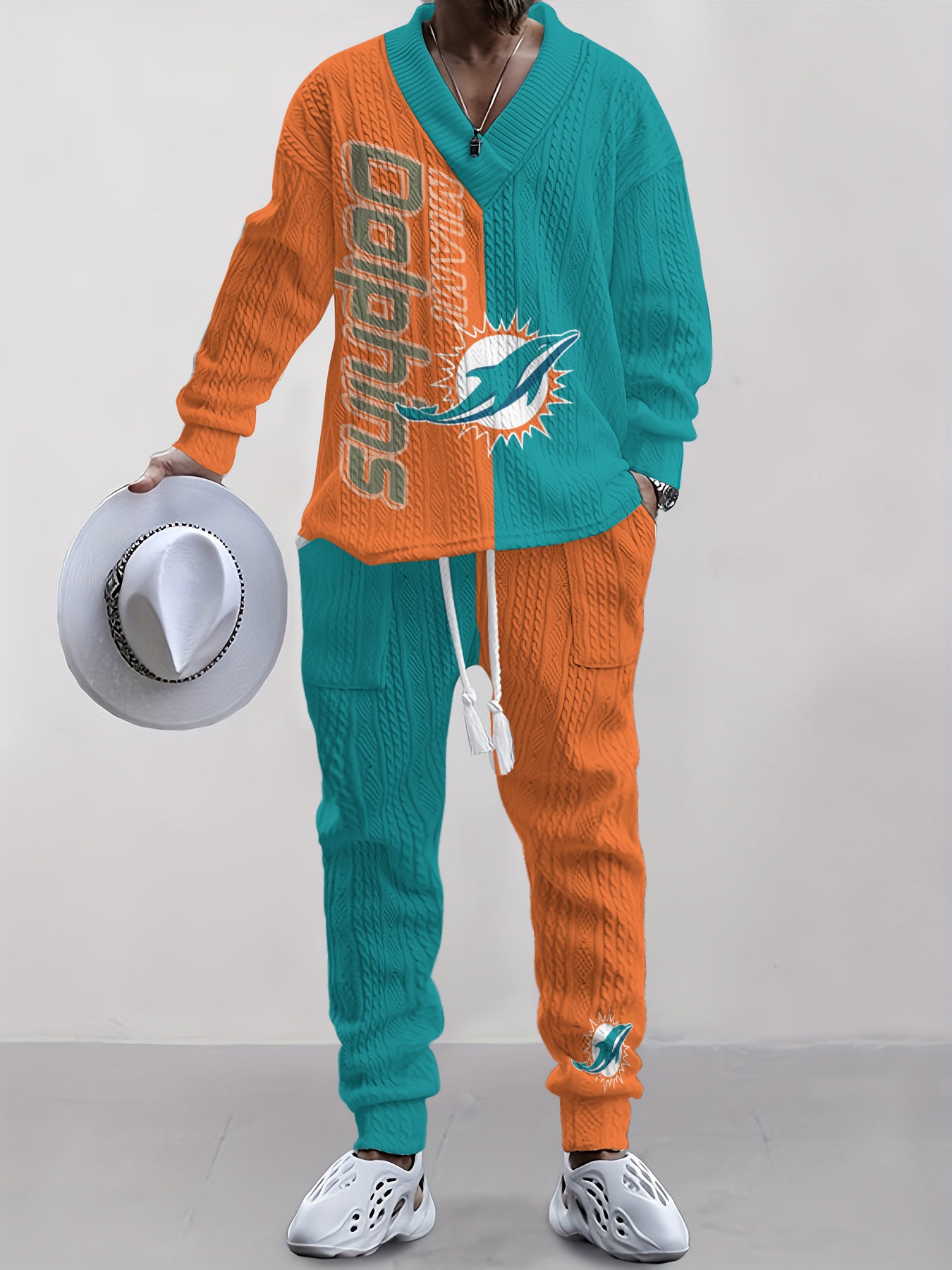 Miami Dolphins Classic All-Season Long Sleeve V-Neck Pullover Sweater