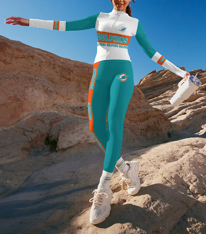 Miami Dolphins 2 Piece Workout Sets :Sculpt High Waist Gym Leggings & long Sleeve Sports Top