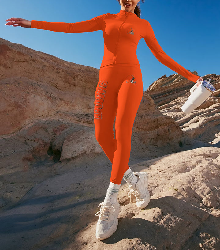 Cleveland Browns 2 Piece Workout Sets :Sculpt High Waist Gym Leggings & long Sleeve Sports Top
