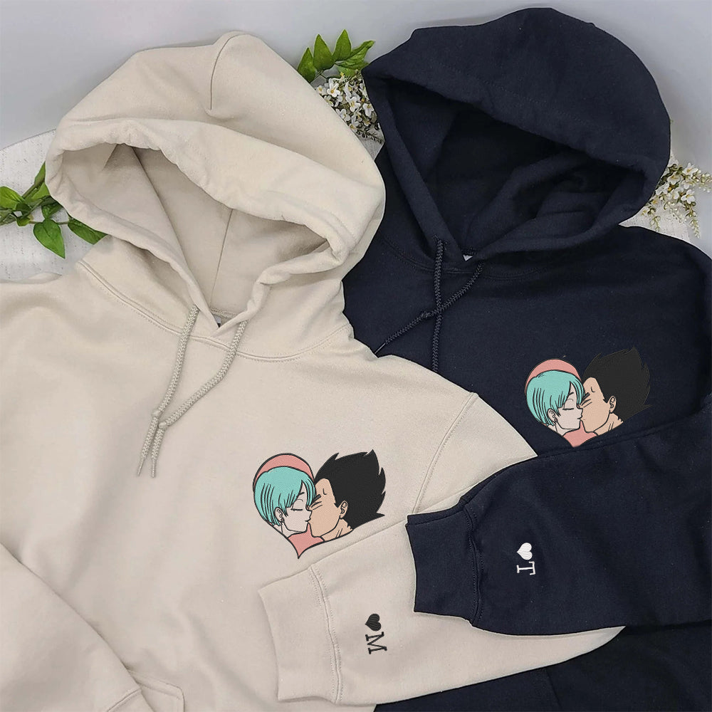 Custom Embroidered Hoodies For Couples, Cute Cartoon Vegeta x Bulma Couples Embroidered Hoodie