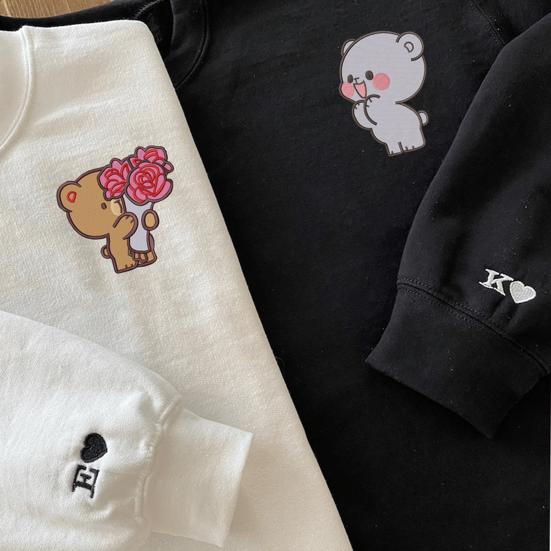 Custom Embroidered Sweatshirts For Couples, Custom Milk And Mocha Bears Embroidered Sweatshirt