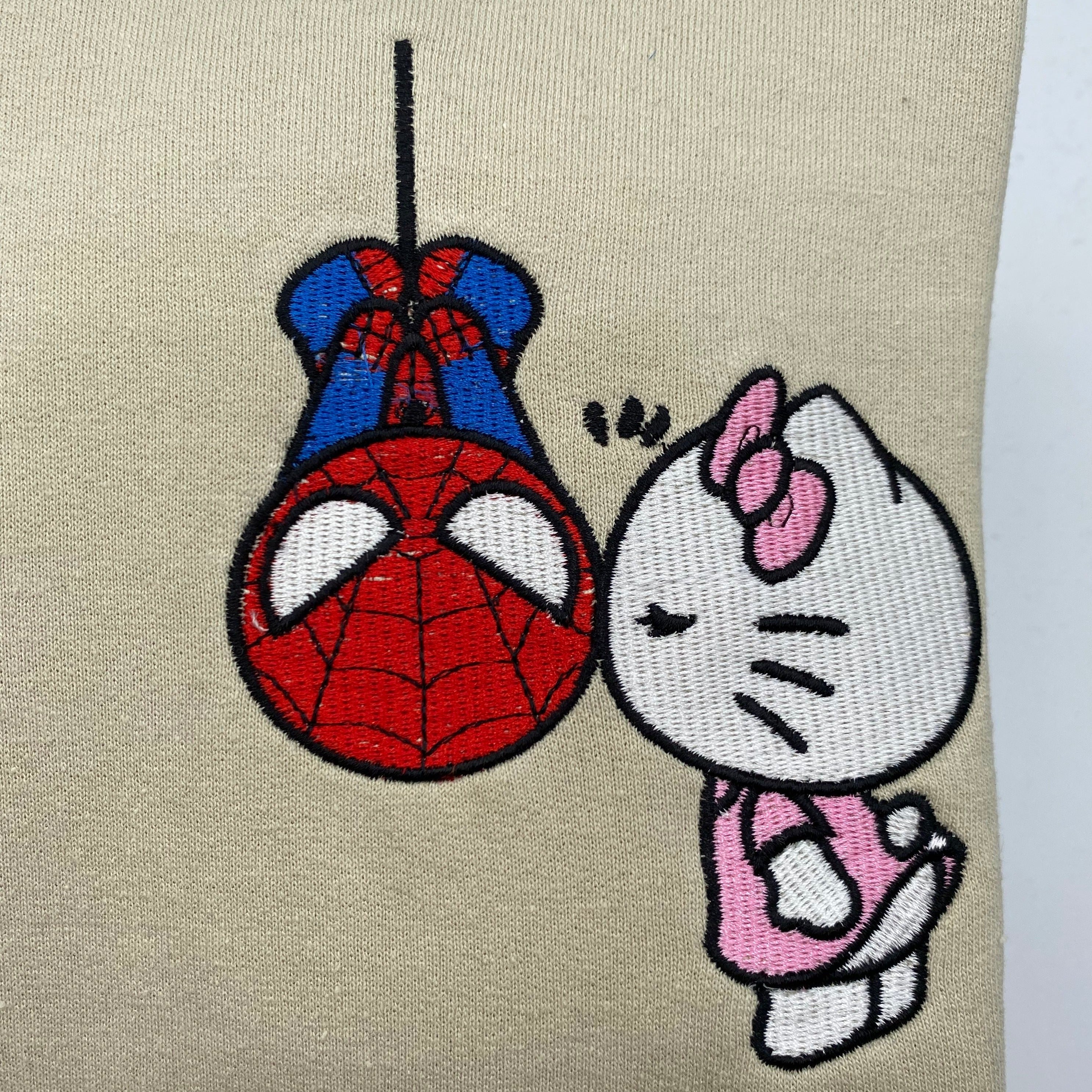 Custom Embroidered Sweatshirts For Couples, Custom Matching Couple Hoodies, Lovely Kitten Kiss Spider Chibi Embroidered Matching Couples Sweatshirt