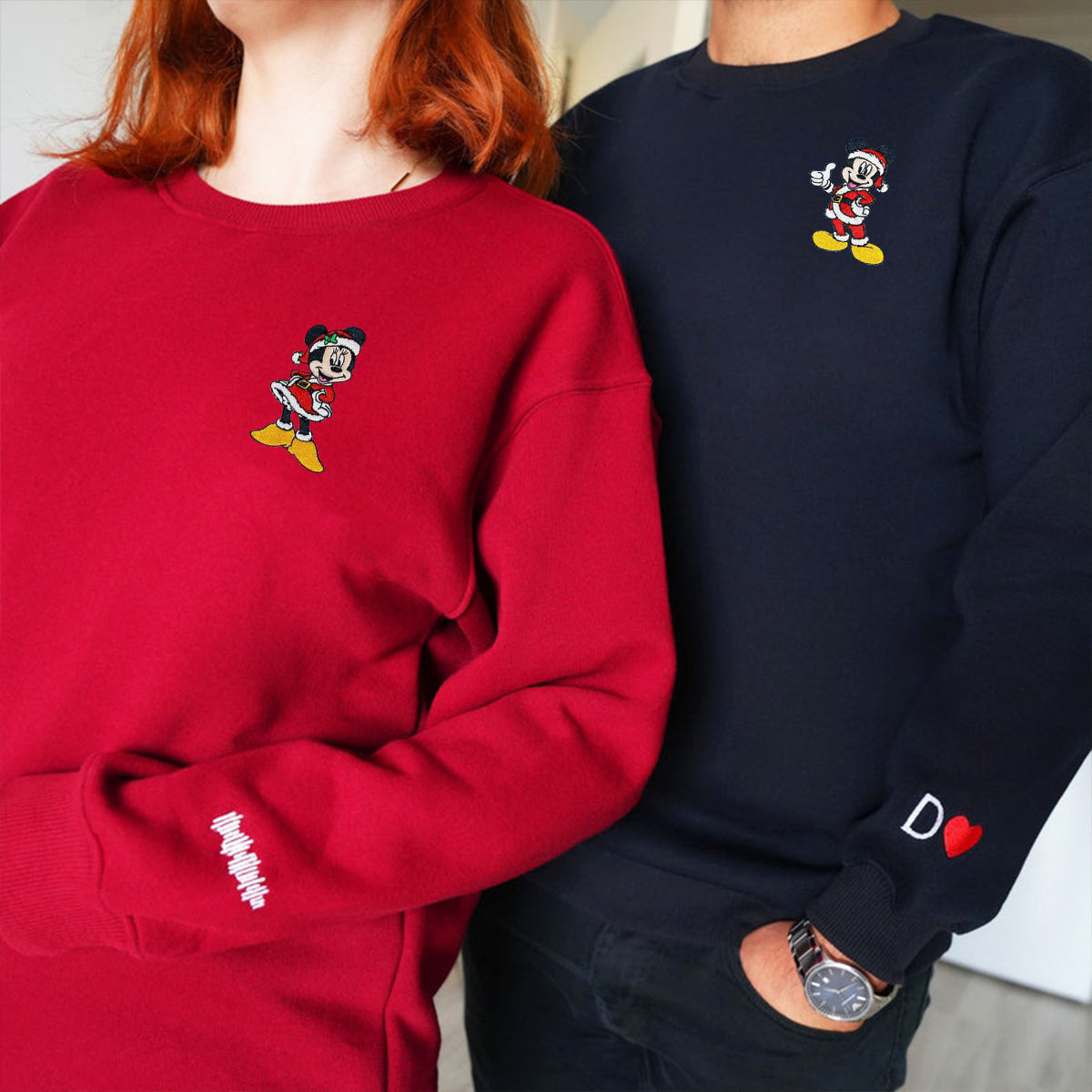 Custom Embroidered Hoodies For Couples, Cute Cartoon Mouse Christmas Couples Embroidered Hoodie