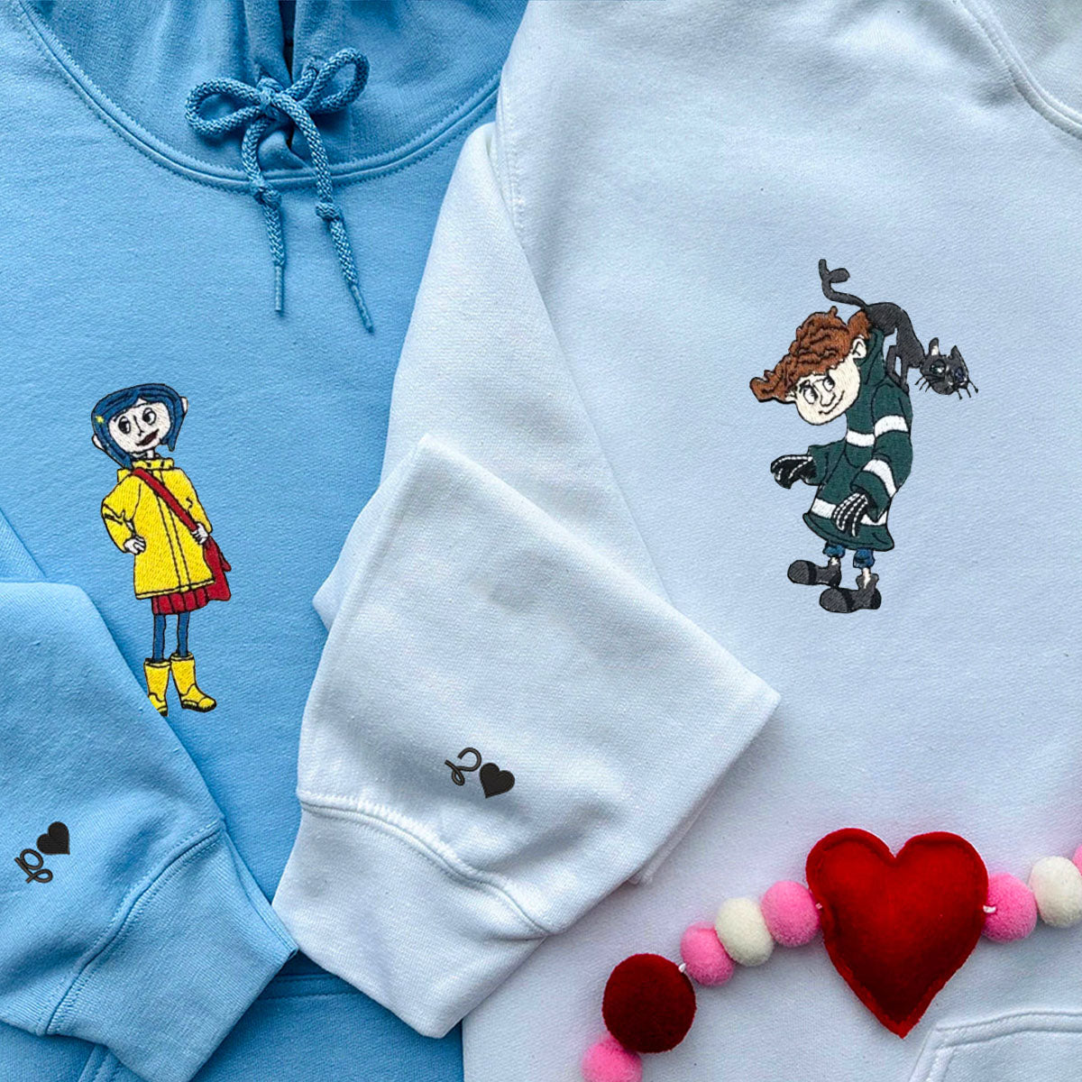 Custom Embroidered Hoodies For Couples, Cute Coraline Couples Embroidered Hoodie