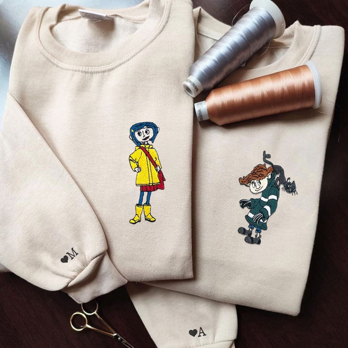 Custom Embroidered Hoodies For Couples, Cute Coraline Couples Embroidered Hoodie