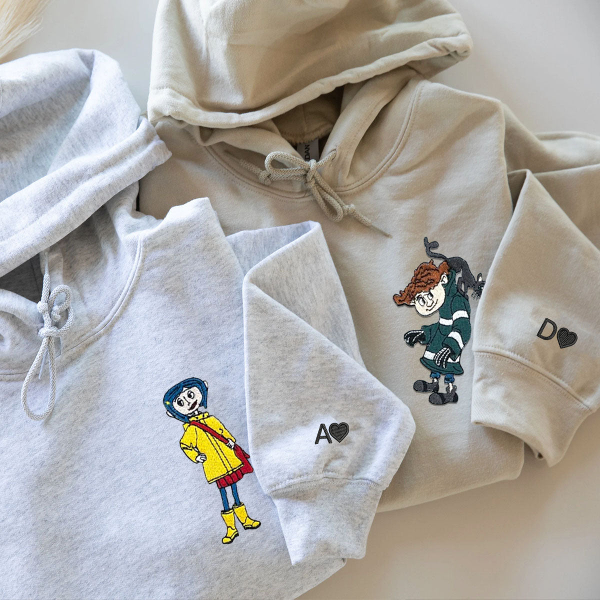 Custom Embroidered Hoodies For Couples, Cute Coraline Couples Embroidered Hoodie