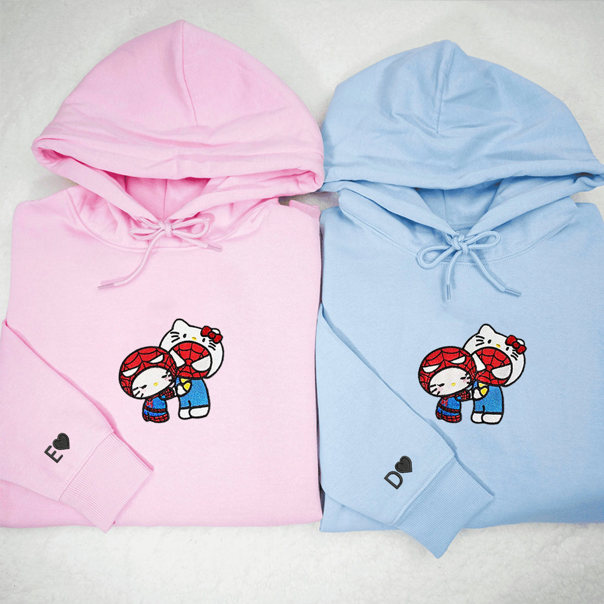 Custom Embroidered Hoodies for Couples. Cute Kitten and Spider Couples Embroidered Hoodies