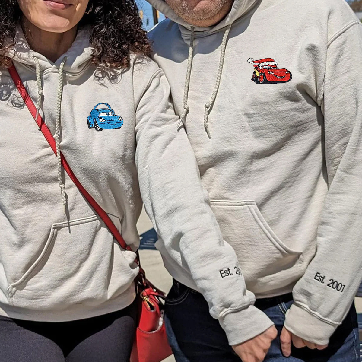 Custom Embroidered Hoodies for Couples, Cute Cars Characters Christmas Couples Embroidered Hoodie