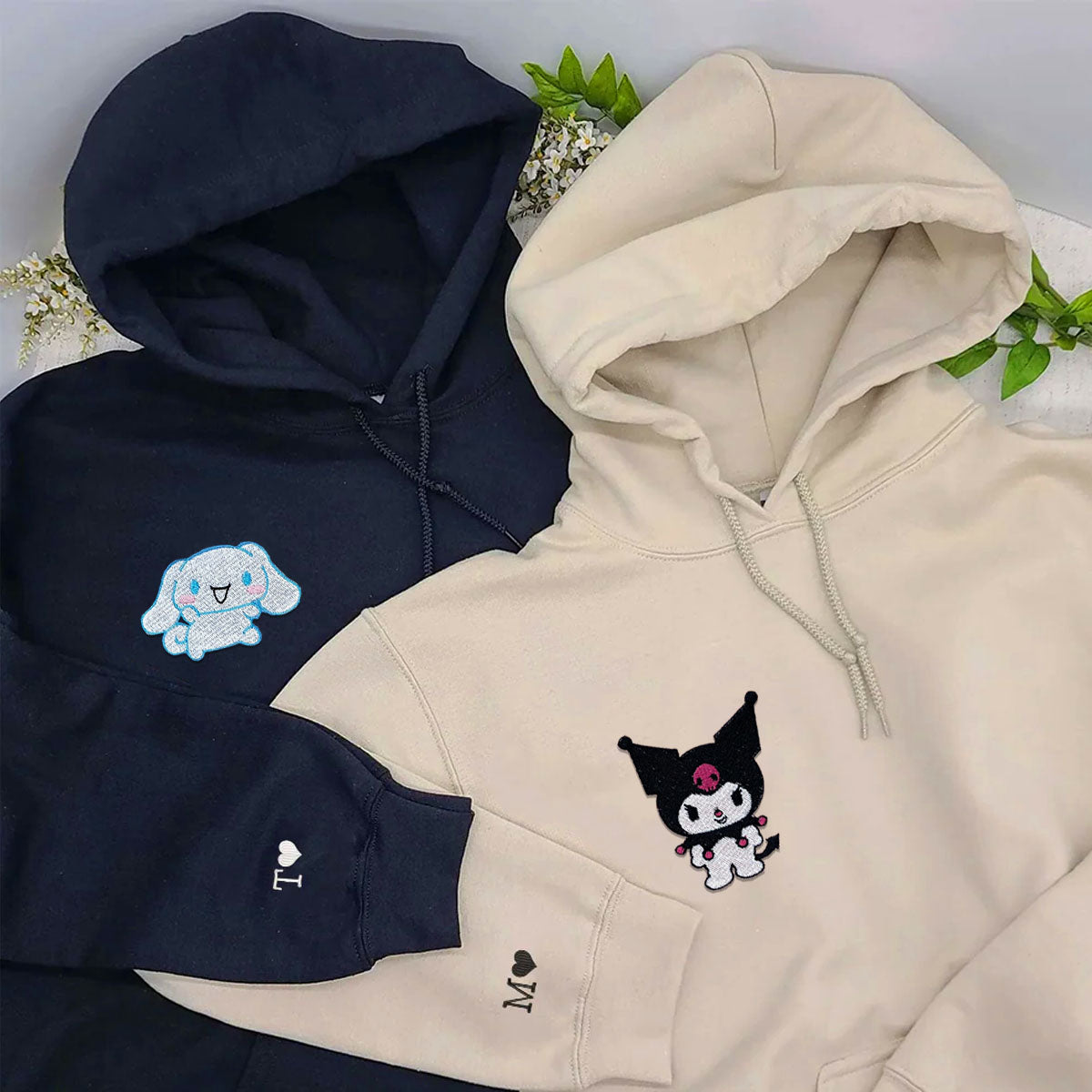 Custom Embroidered Hoodies for Couples, Cute Cartoon Cat & Bunny Couples Embroidered Hoodie