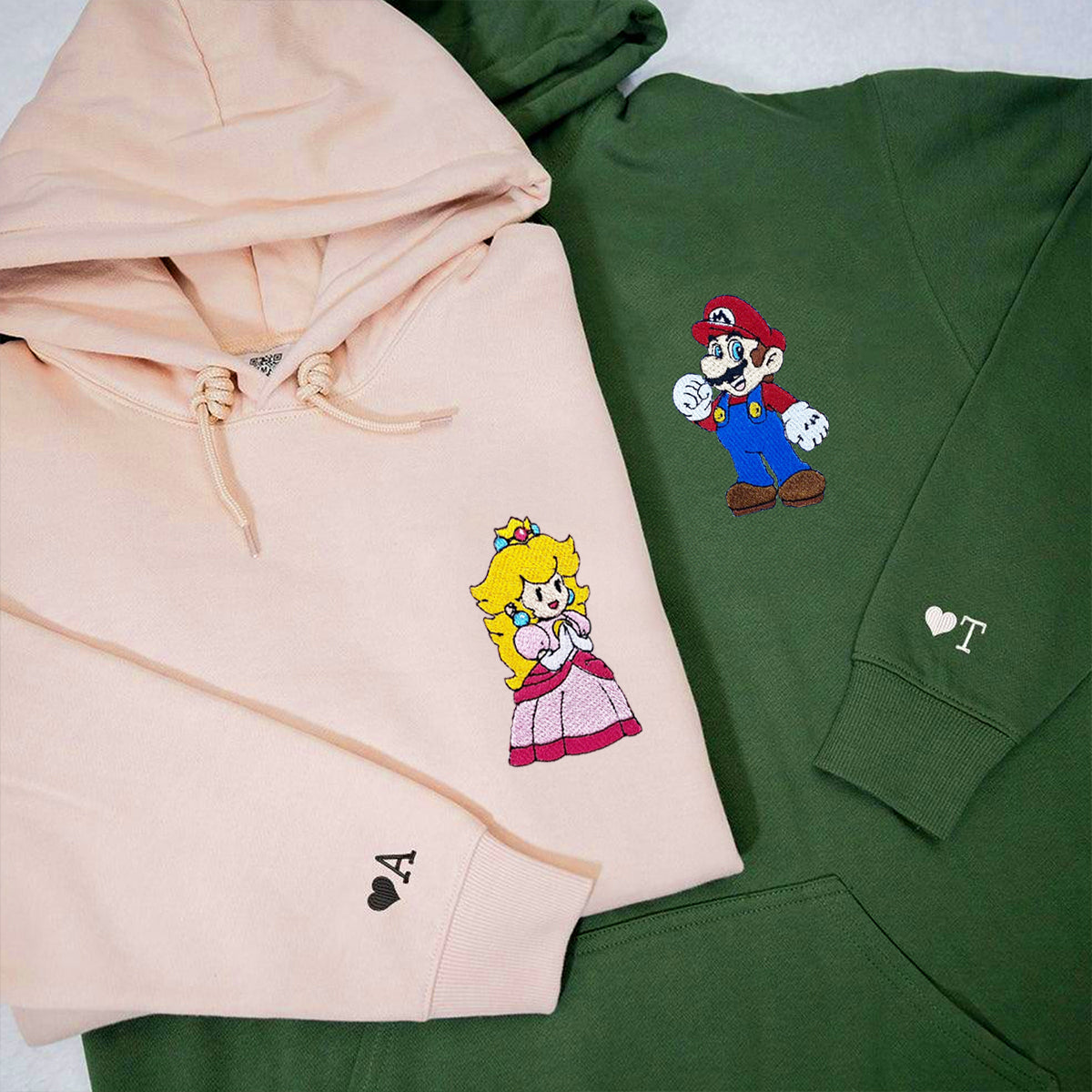 Custom Embroidered Hoodies for Couples, Pretty Cartoon Princess x Mario Couples Embroidered Hoodie