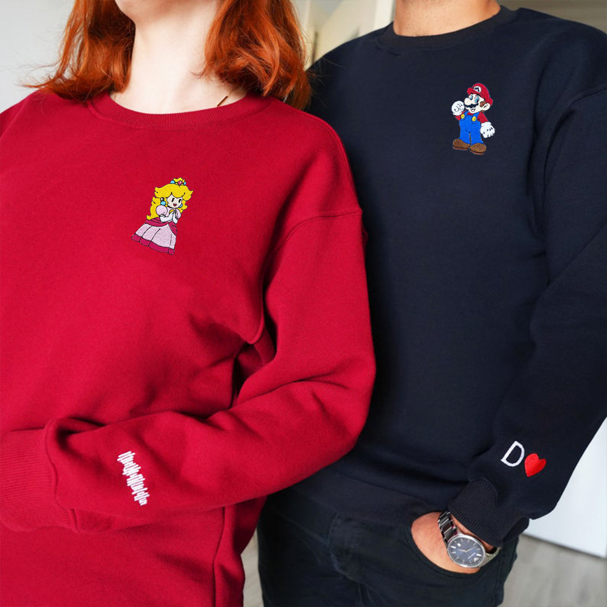 Custom Embroidered Hoodies for Couples, Pretty Cartoon Princess x Mario Couples Embroidered Hoodie