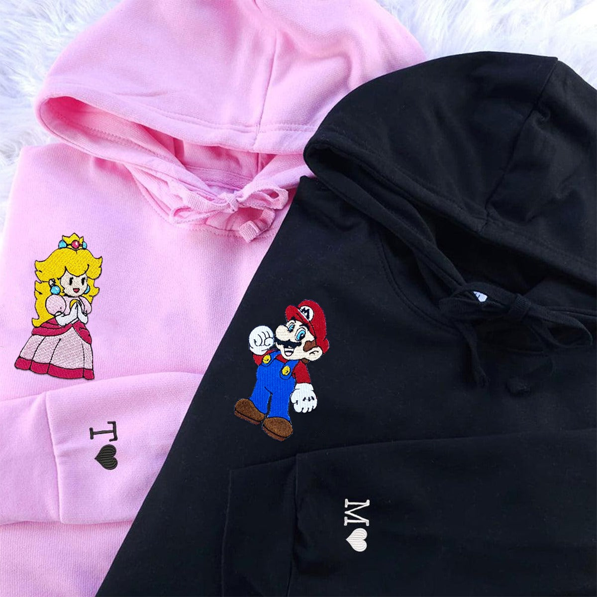 Custom Embroidered Hoodies for Couples, Pretty Cartoon Princess x Mario Couples Embroidered Hoodie