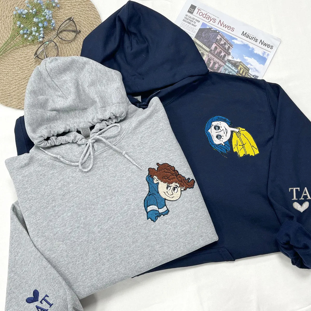 Custom Embroidered Hoodies for Couples, Cute Coralinee and Wybie Movie Character Couples Embroidered Hoodie