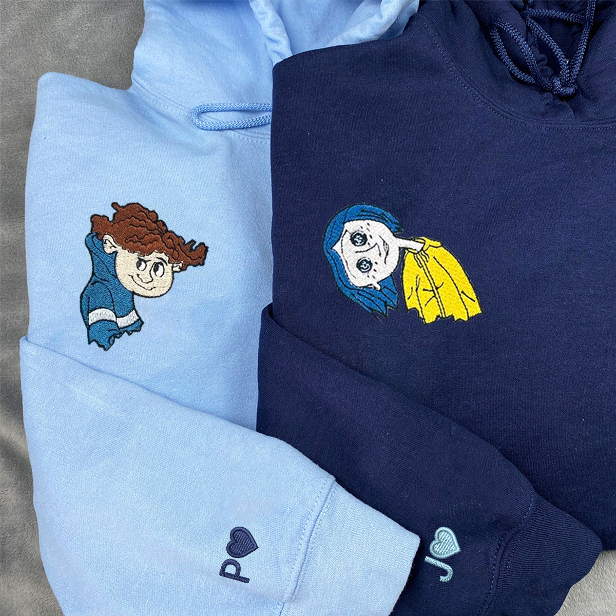 Custom Embroidered Hoodies for Couples, Cute Coralinee and Wybie Movie Character Couples Embroidered Hoodie