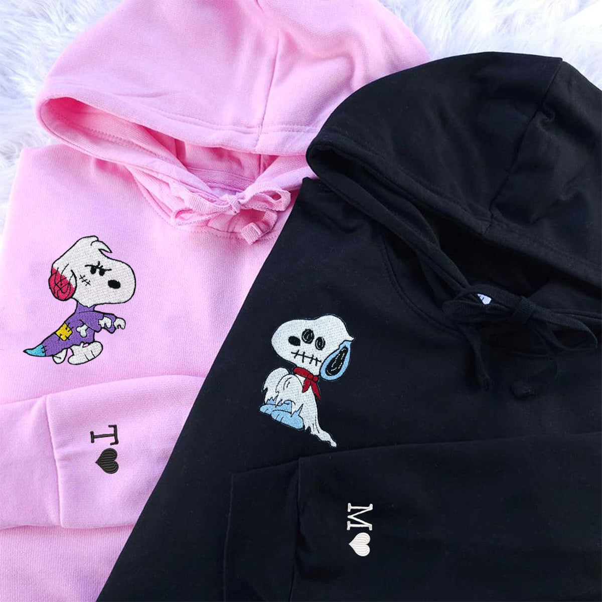 Custom Embroidered Hoodies for Couples, Dog Ghost Halloween Couples Embroidered Hoodie