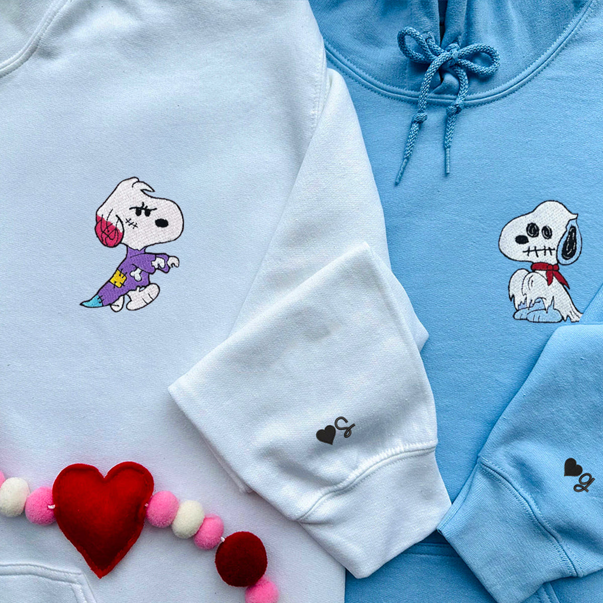 Custom Embroidered Hoodies for Couples, Dog Ghost Halloween Couples Embroidered Hoodie