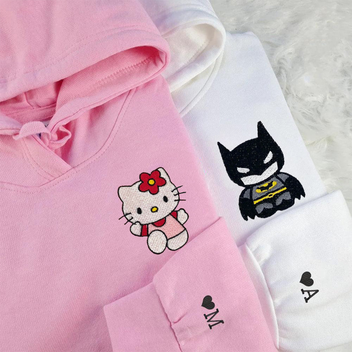 Custom Embroidered Hoodies for Couples, Lovely Bat and Kitten Couples Embroidered Hoodie