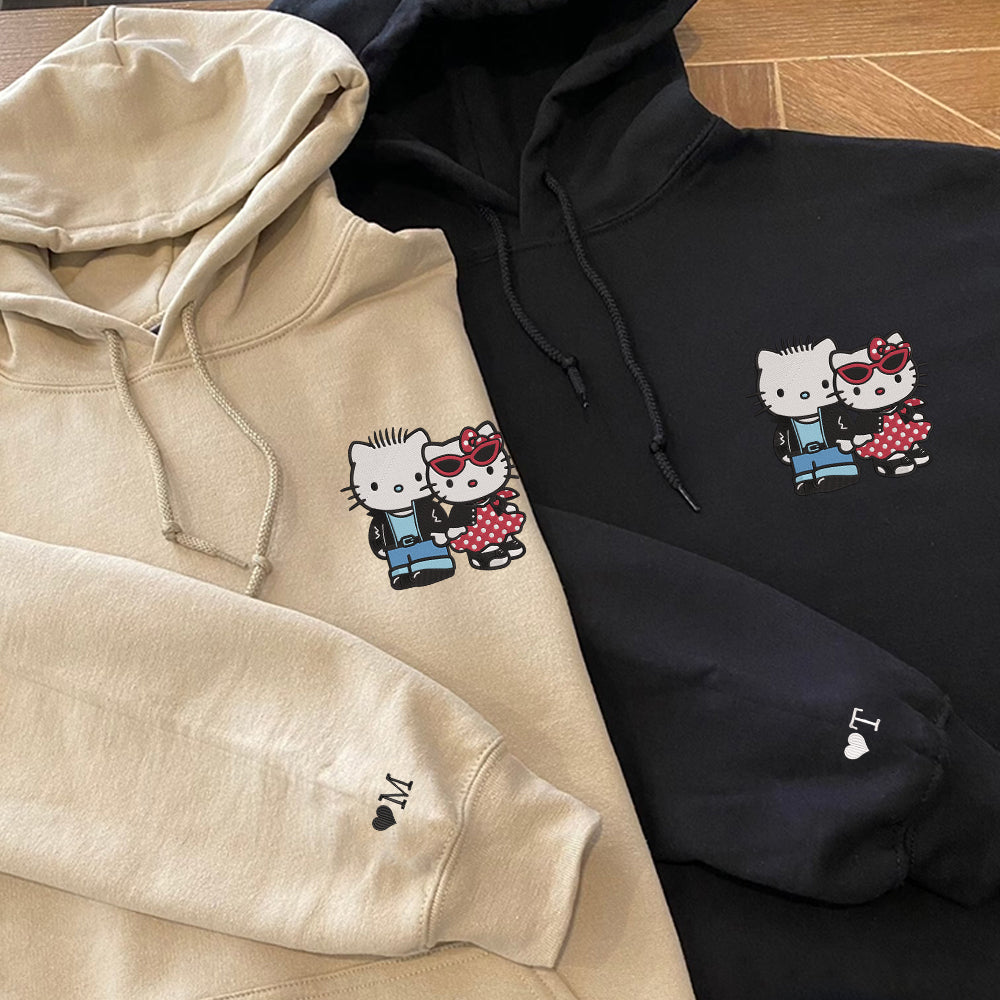 Custom Embroidered Hoodies For Couples, Cute Gangster Cartoon Kitten Couples Embroidered Hoodie