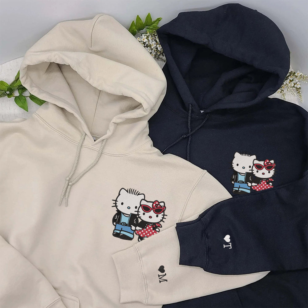 Custom Embroidered Hoodies For Couples, Cute Gangster Cartoon Kitten Couples Embroidered Hoodie