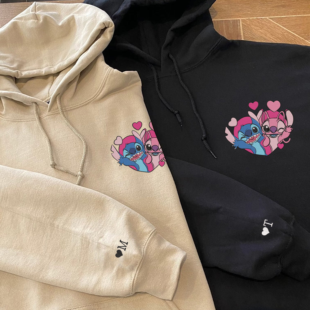 Custom Embroidered Hoodies For Couples, Cute Cartoon Stitch x Angel Heart Couples Embroidered Hoodie