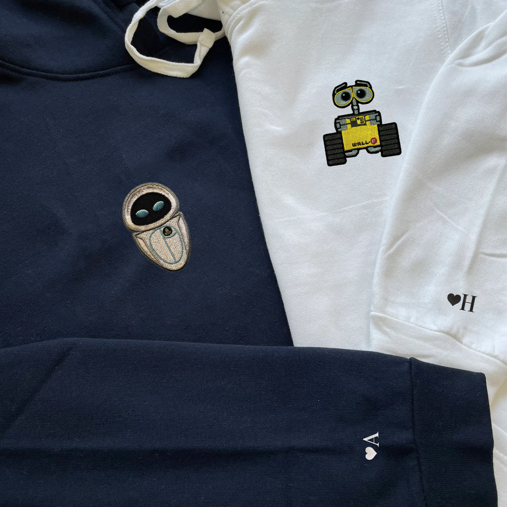 Custom Embroidered Hoodies For Couples, Personalized Couple Hoodies, His Her Hoodies, Cute Cartoon Wall E x Eve Couples Embroidered Hoodie