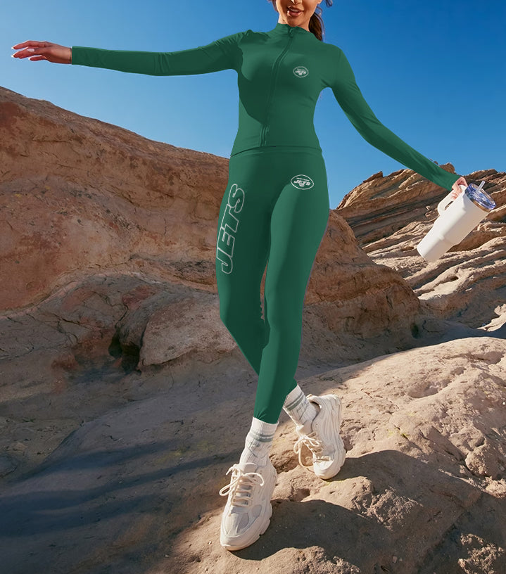 New York Jets 2 Piece Workout  Sets :Sculpt High Waist Gym Leggings & long Sleeve Sports Top