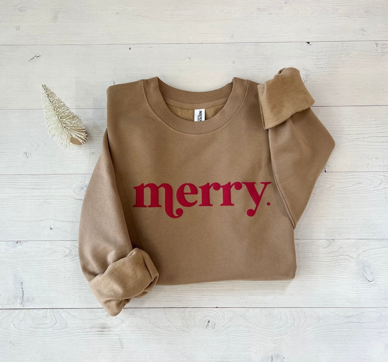 Embroidered Merry Sweatshirt, Christmas sweater, Christmas shirt, Oversized Cozy Sweatshirt, Holiday women's shirt, Christmas party shirt